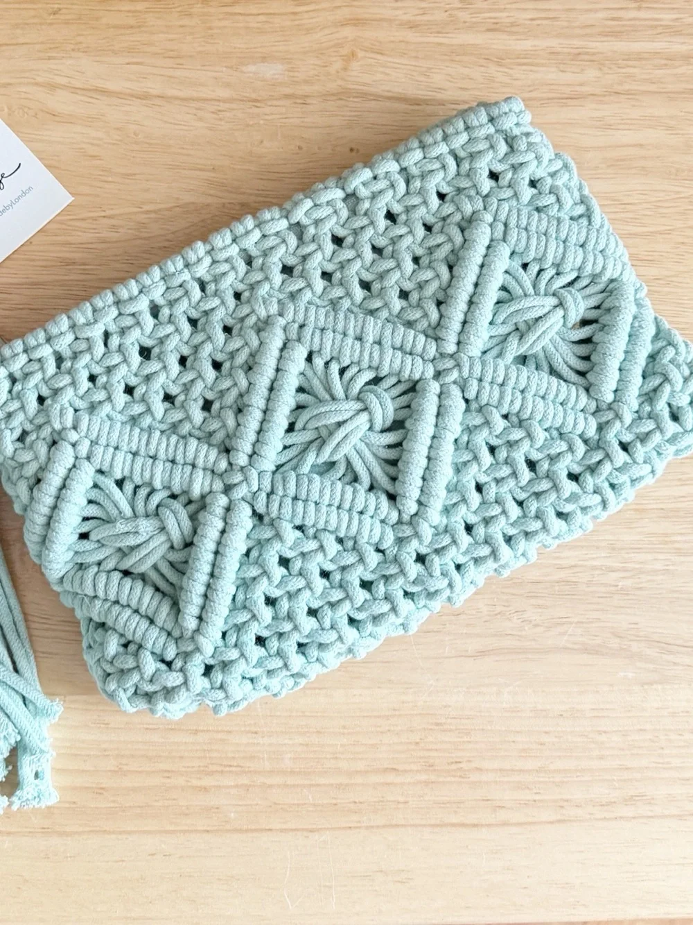 London Kaye Macrame Zippered Wristlet Clutch Bag w/ Tassel Handmade Pastel Green